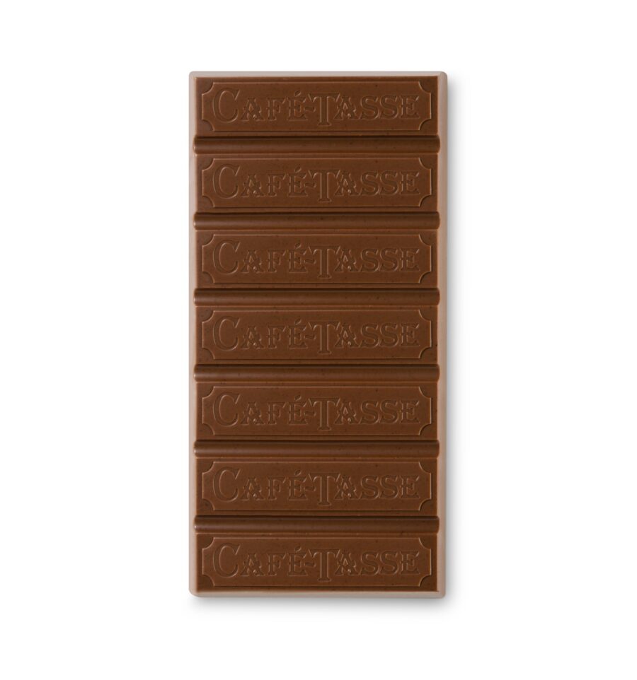 Café-Tasse 38% Milk Chocolate Bar with Salted & Caramelized Hazelnuts Open