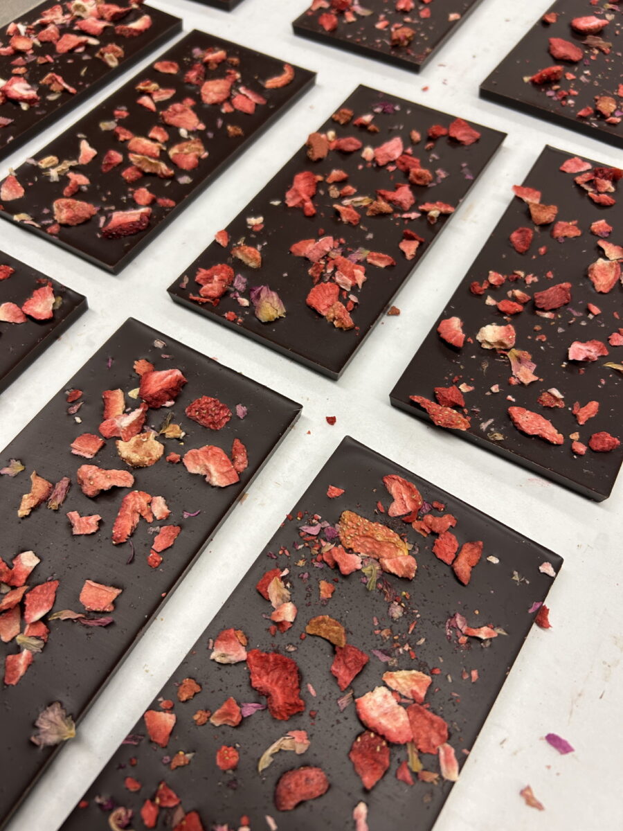 Loon Chocolate 70% Dark Chocolate Bar with Strawberry & Rose Open