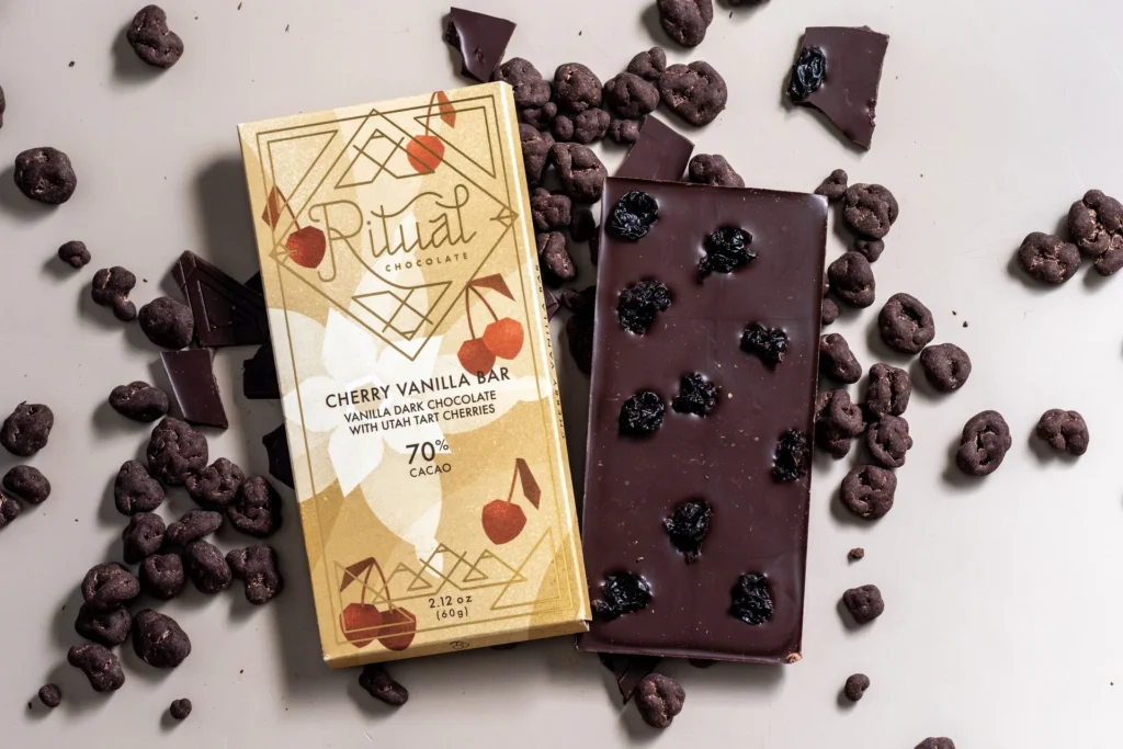 Ritual Chocolate 70% Dark Chocolate Bar with Vanilla & Utah Cherries Lifestyle