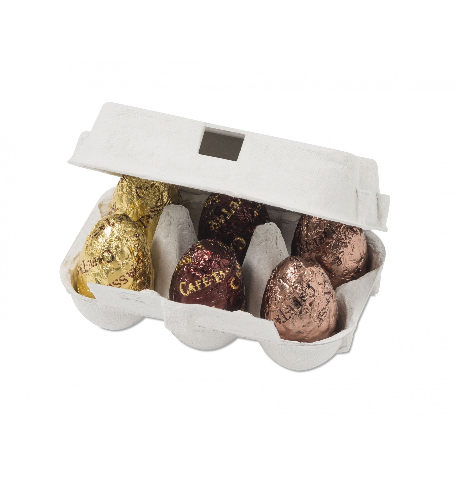 Café-Tasse Mini Carton with Assorted Chocolate Eggs Open