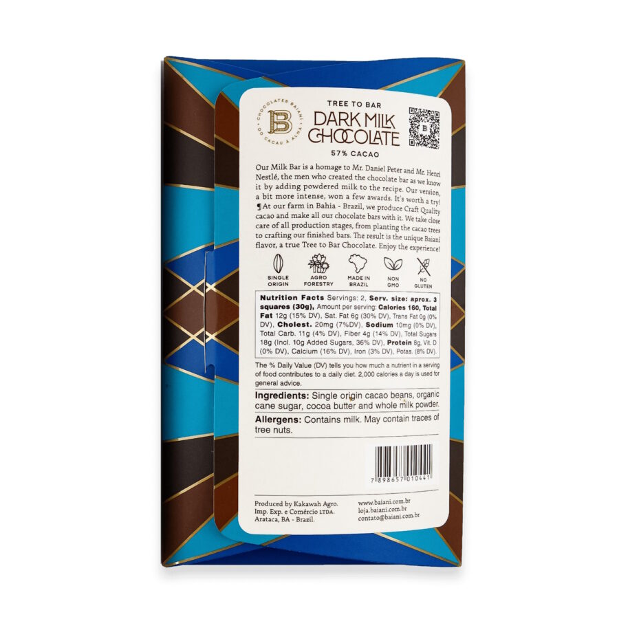 Baiani Brazil 57% Dark Milk Chocolate Bar Back
