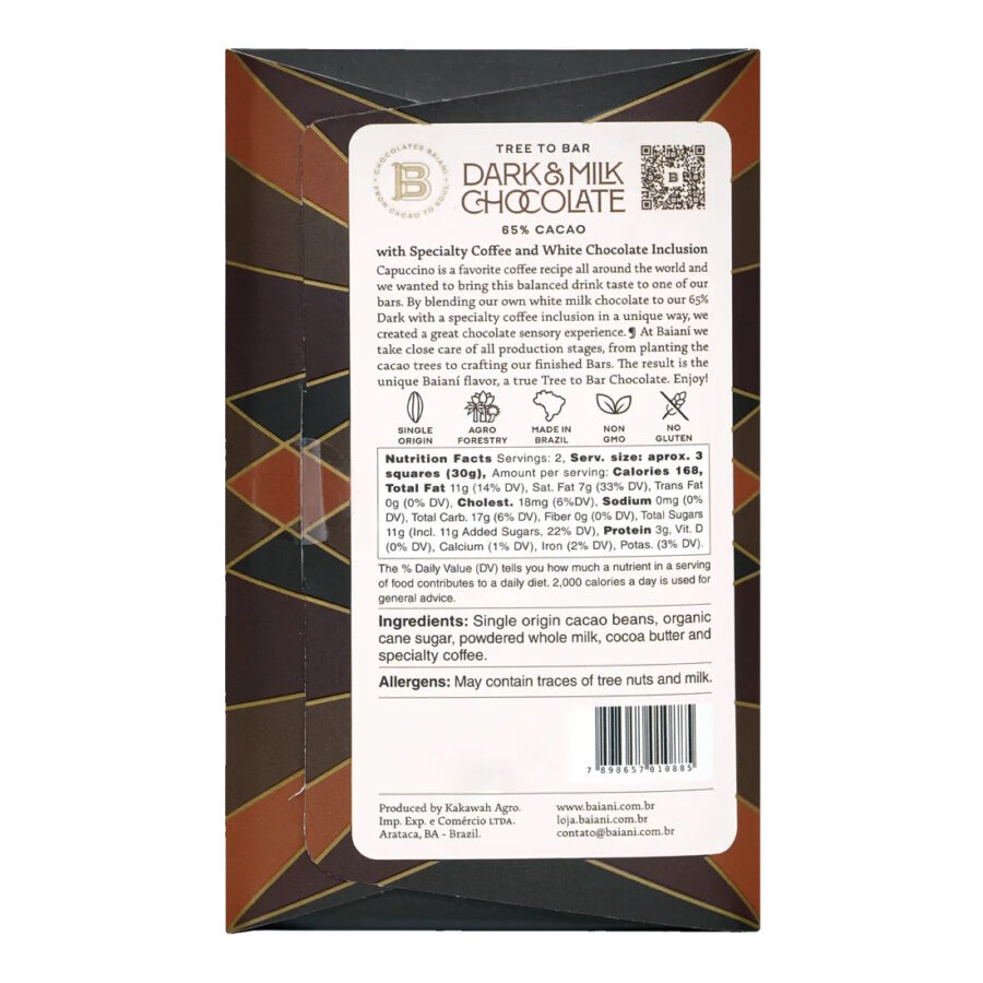 Baiani Brazil 65% Dark & White Chocolate Bar with Brazilian Cappuccino Back