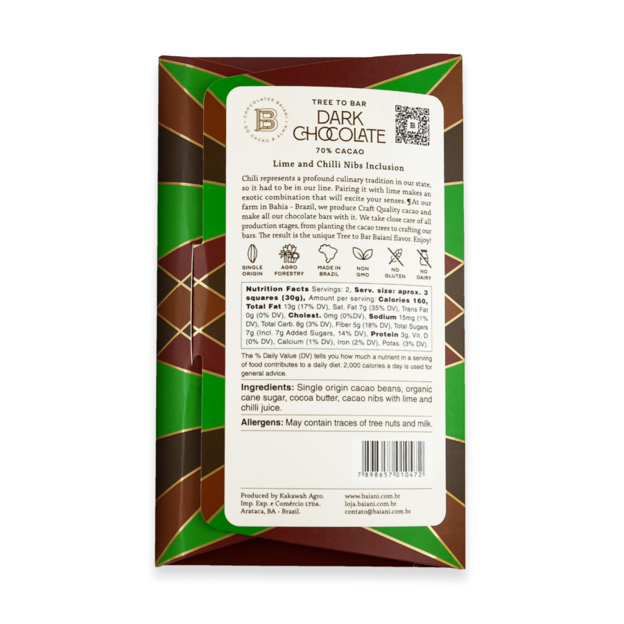 Baiani Brazil 70% Dark Chocolate Bar with Lime & Chilli Nibs Back