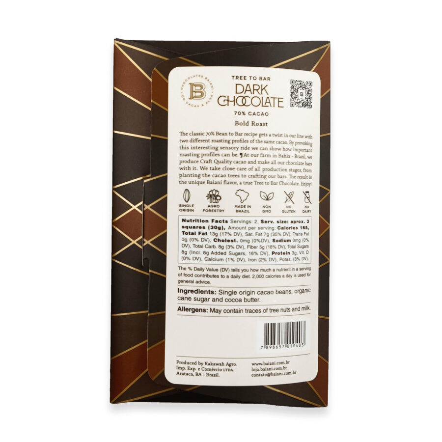 Baiani Brazil Bold Roast 70% Dark Chocolate Bar Back