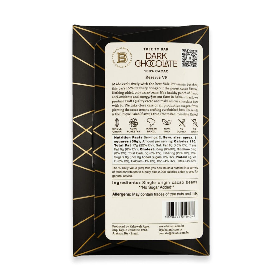 Baiani Brazil VP Reserve 100% Dark Chocolate Bar Back