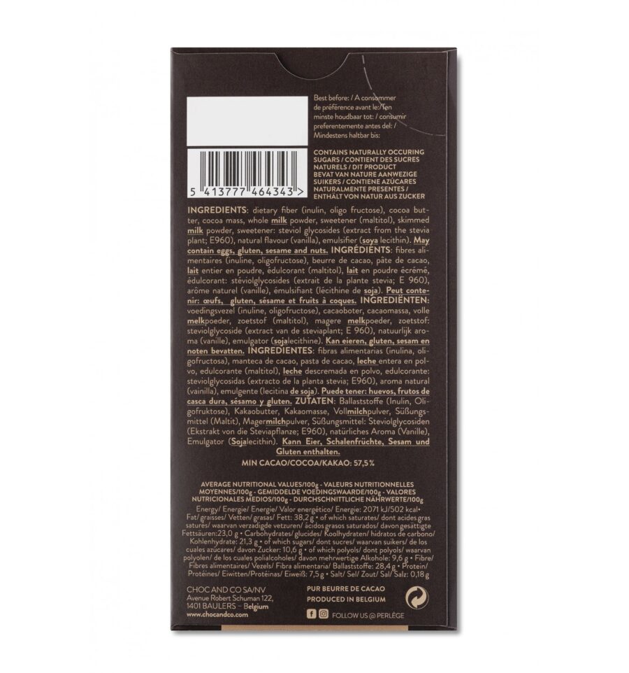Perlège No-Sugar-Added 57.5% Milk Chocolate Bar Back