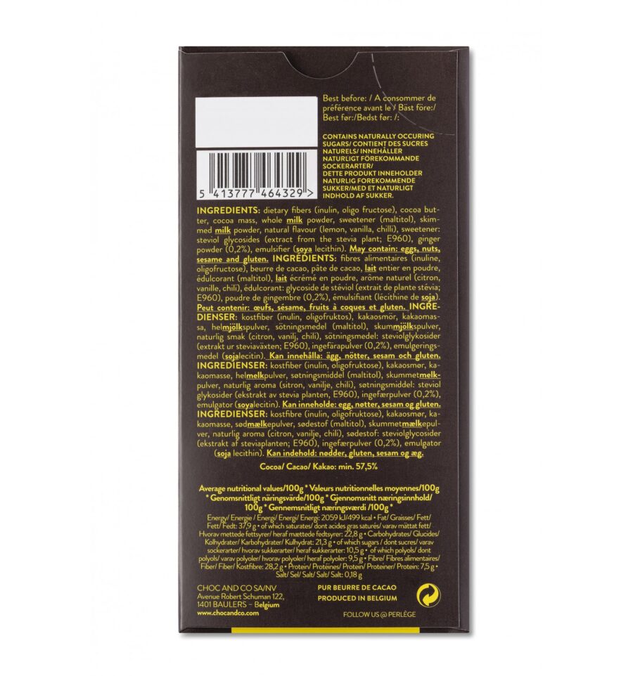 Perlège No-Sugar-Added 57.5% Milk Chocolate Bar with Ginger, Lemon & Chili Back