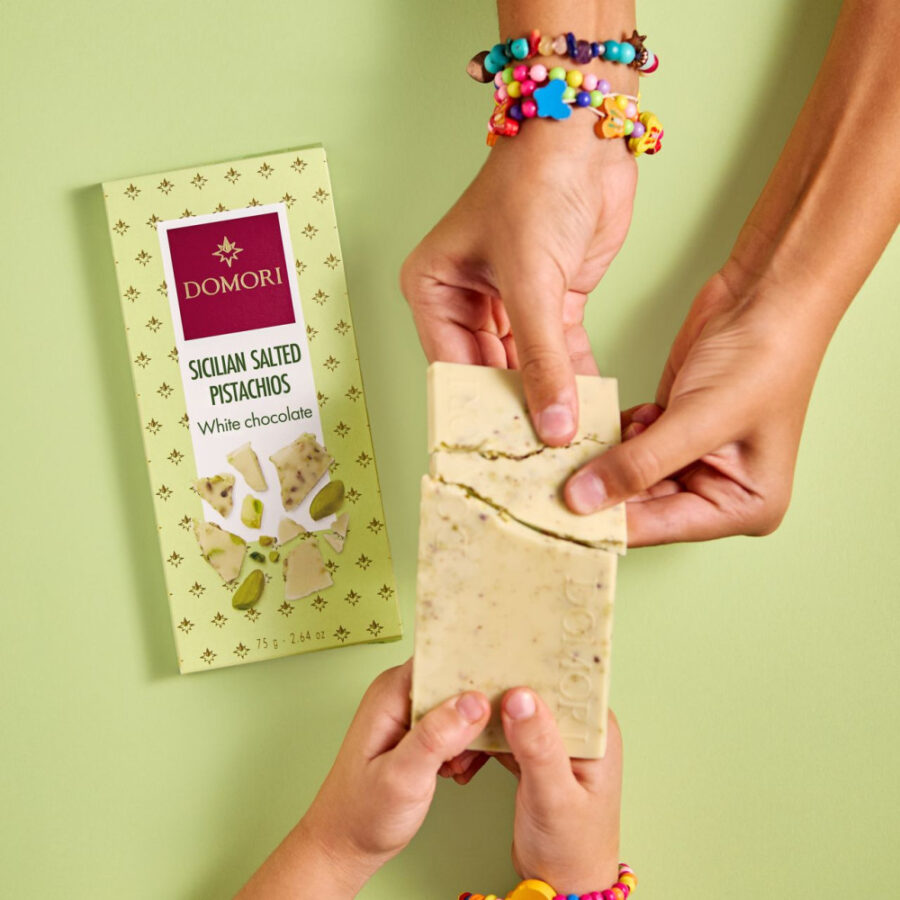 Domori White Chocolate Bar with Salted Sicilian Pistachios Lifestyle