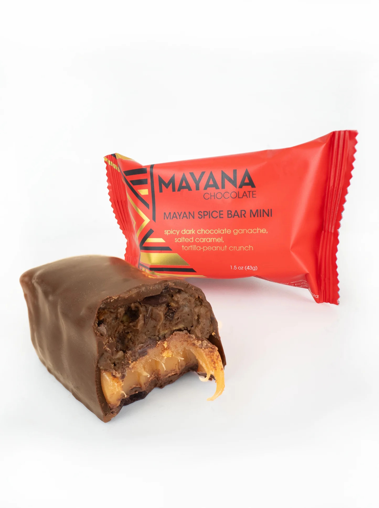 Mayana Chocolate Mayan Spice Bar Dark Chocolate Bar with Spicy Dark Chocolate Ganache, Salted Caramel & Tortilla Peanut Crunch Open Lifestyle