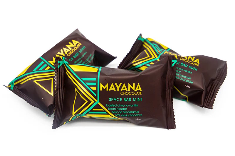 Mayana Chocolate Space Bar 66% Dark Chocolate Bar with Toasted Almond Nougat & Salted Caramel Lifestyle