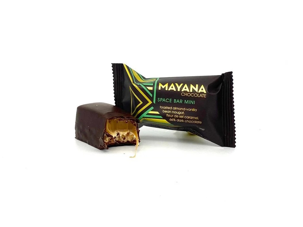 Mayana Chocolate Space Bar 66% Dark Chocolate Bar with Toasted Almond Nougat & Salted Caramel Open Lifestyle