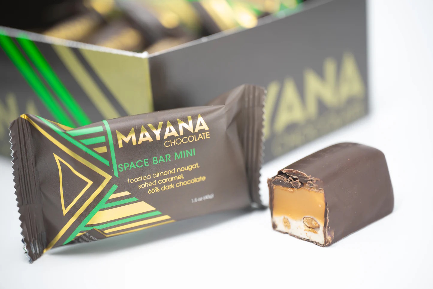 Mayana Chocolate Space Bar 66% Dark Chocolate Bar with Toasted Almond Nougat & Salted Caramel