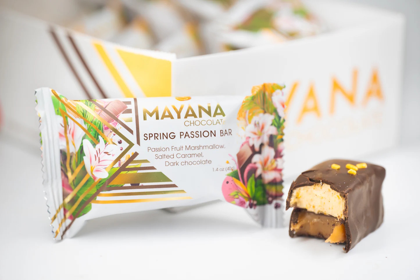 Mayana Chocolate Spring Passion Bar Dark Chocolate Bar with Passion Fruit Marshmallow & Salted Caramel