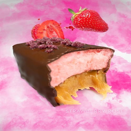 Mayana Chocolate Strawberry Rose Dark Chocolate Bar with Strawberry Marshmallow, Salted Caramel & Crystallized Rose Lifestyle (1)