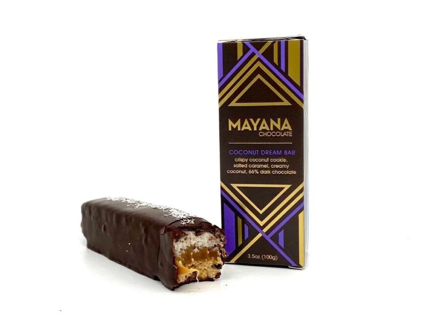 Mayana Chocolate XL Coconut Dream Bar 66% Dark Chocolate Bar with Crispy Coconut Cookie, Salted Caramel & Creamy Coconut Open