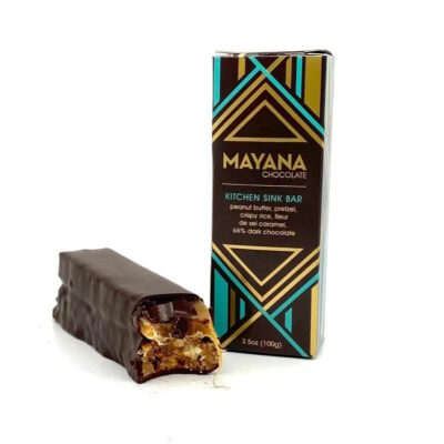 Mayana Chocolate XL Kitchen Sink Bar 66% Dark Chocolate Bar with Peanut Butter, Pretzel, Crispy Rice & Fleur de Sel Caramel Open