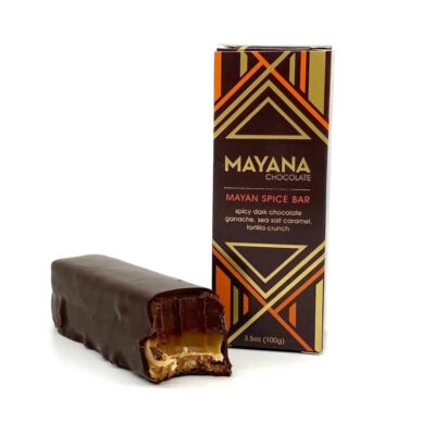 Mayana Chocolate XL Mayan Spice Bar Dark Chocolate Bar with Spicy Dark Chocolate Ganache, Sea Salt Caramel & Tortilla Crunch Open