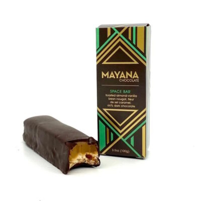 Mayana Chocolate XL Space Bar 66% Dark Chocolate Bar with Toasted Almond-Vanilla Bean Nougat & Fleur de Sel Caramel Open