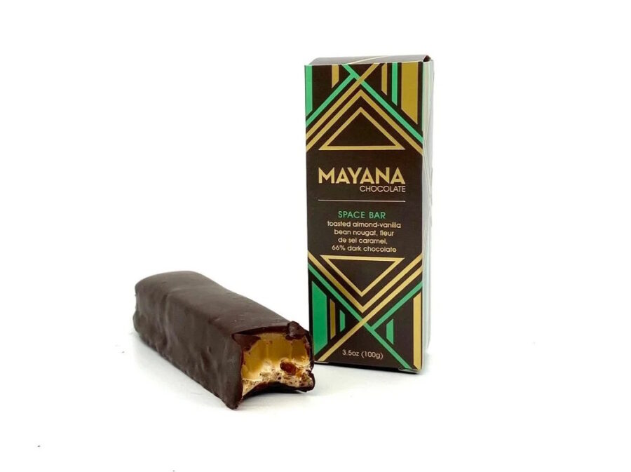 Mayana Chocolate XL Space Bar 66% Dark Chocolate Bar with Toasted Almond-Vanilla Bean Nougat & Fleur de Sel Caramel Open