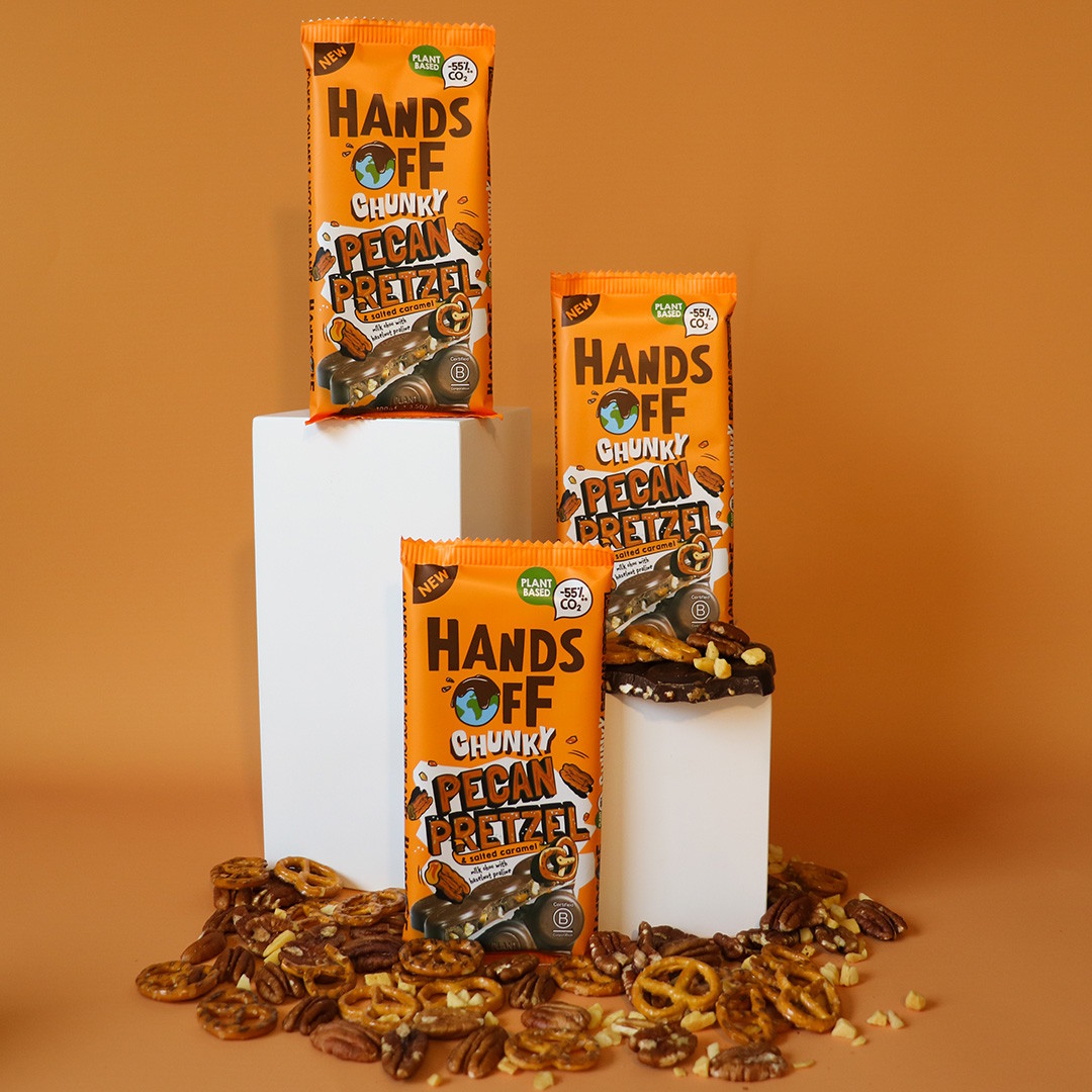 Hands Off Chunky Hazelnut Praline Chocolate Bar with Pecan, Pretzel & Salted Caramel Lifestyle