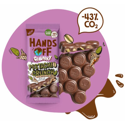 Hands Off Chunky Hazelnut Praline Chocolate Bar with Pistachio & Waffle Cone