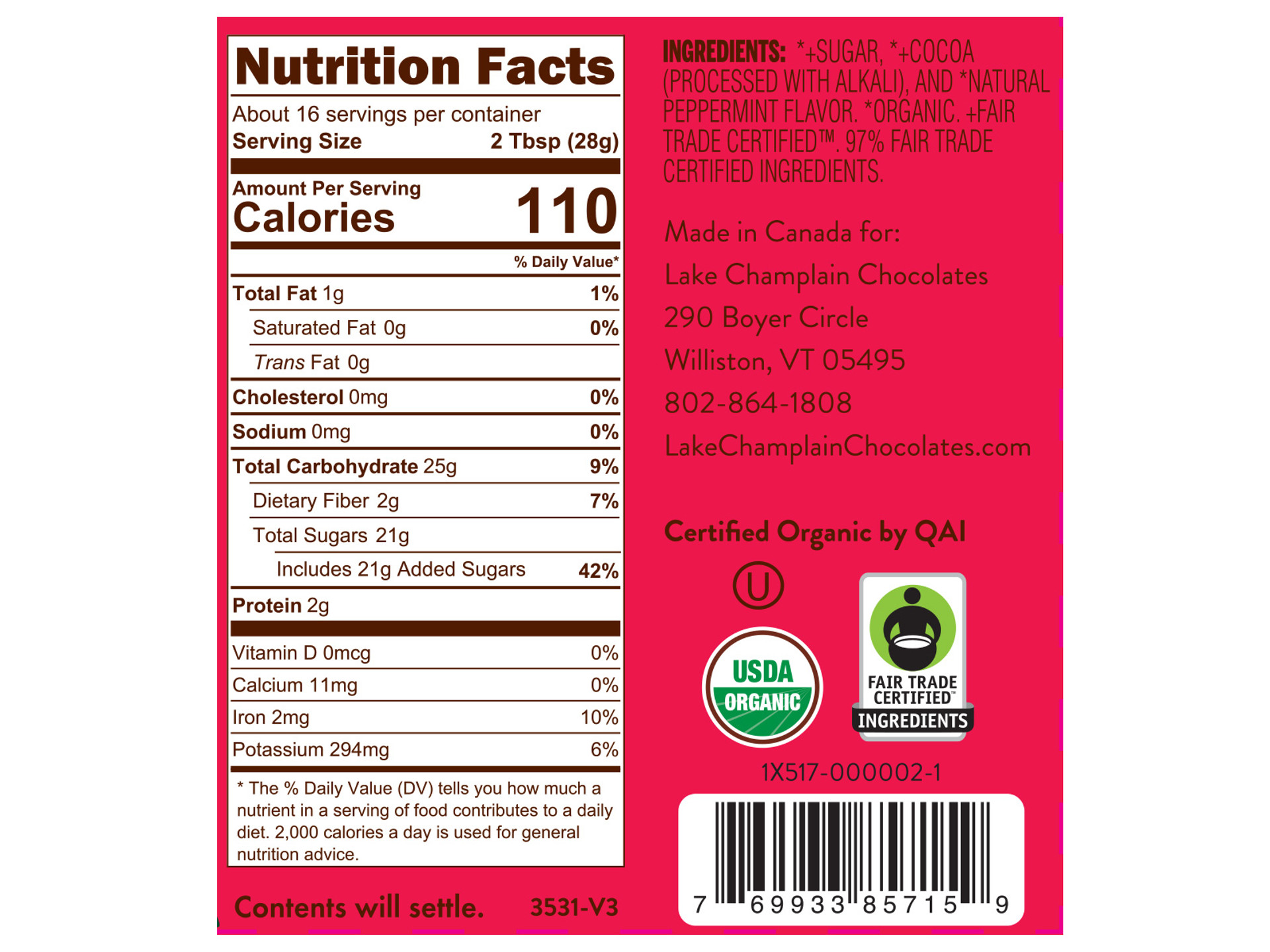 Lake Champlain Chocolates Peppermint Hot Chocolate Mix Nutritional