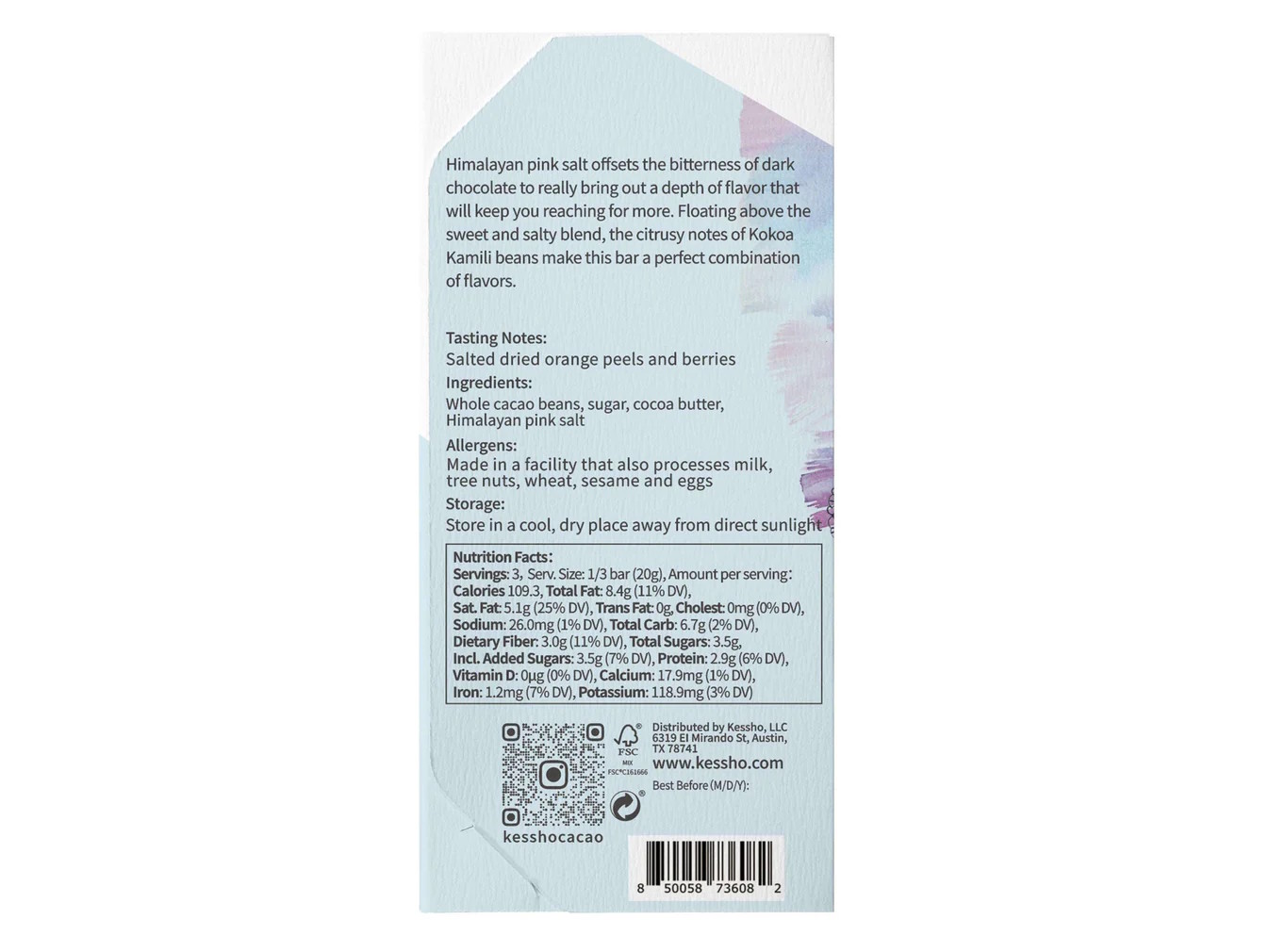 KESSHŌ Himalayan Pink Salt 70% Dark Chocolate Bar Back