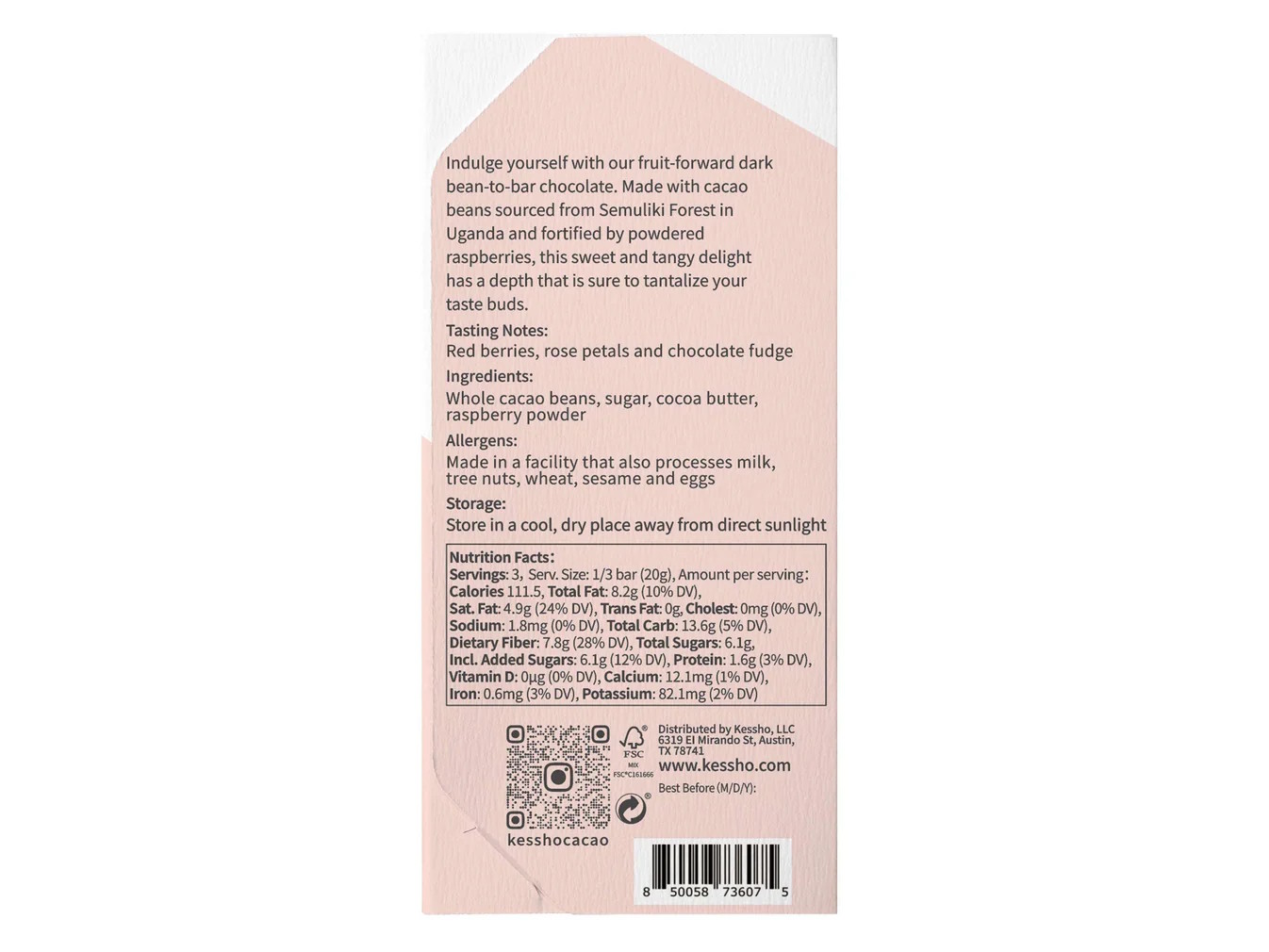 KESSHŌ Raspberry 59% Dark Chocolate Bar Back