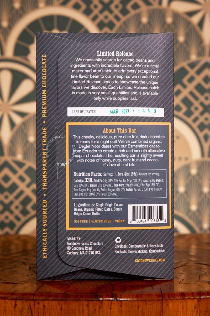 Goodnow Farms Date Me Ecuador 65% Dark Chocolate Bar with Date Sugar Back