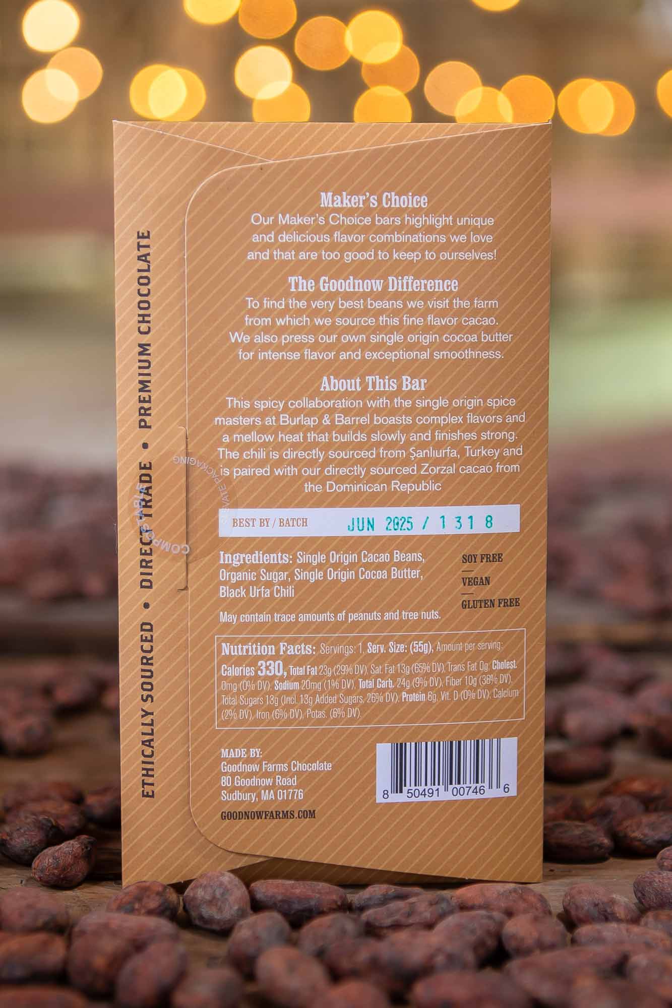 Goodnow Farms Sweet Heat Chili Dominican Republic 77% Dark Chocolate Bar Lifestyle