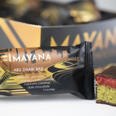 Mayana Chocolate Abu Dhabi Dark Chocolate Bar with Pistachio Ganache, Vanilla Cookies & Raspberry Caramel