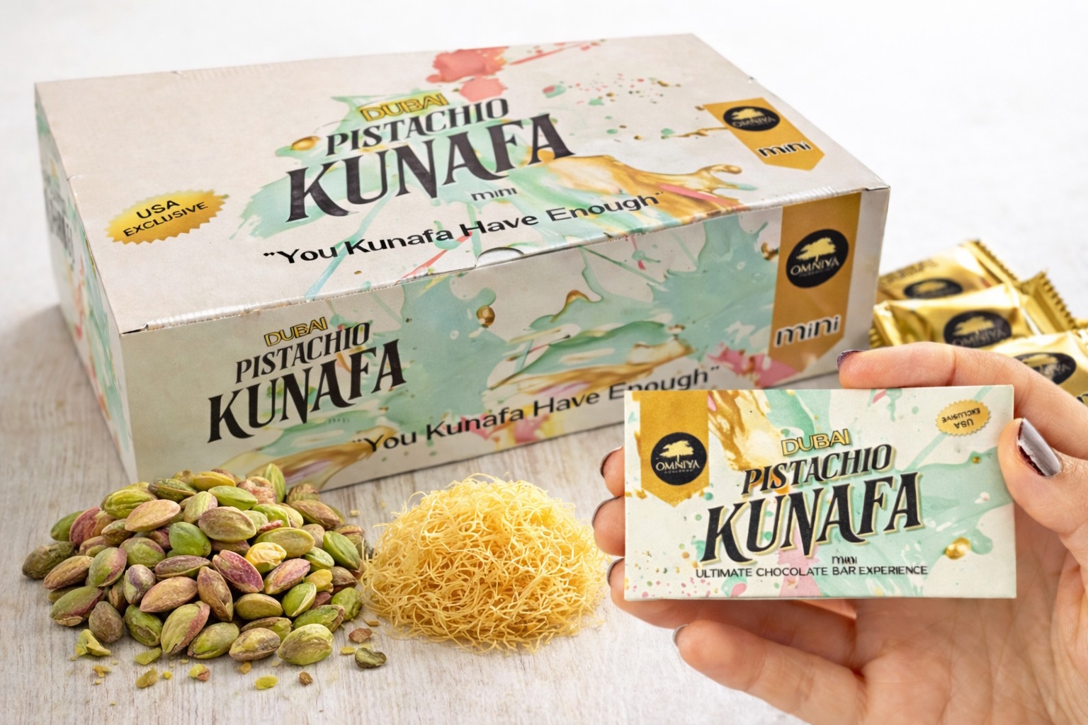 Omniya Delicacy MINI Pistachio Kunafa Dubai Chocolate Bar Lifestyle