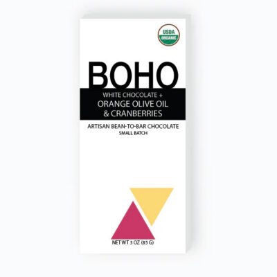 BOHO Chocolate 36% White Chocolate Bar with Orange Olive Oil & Cranberries