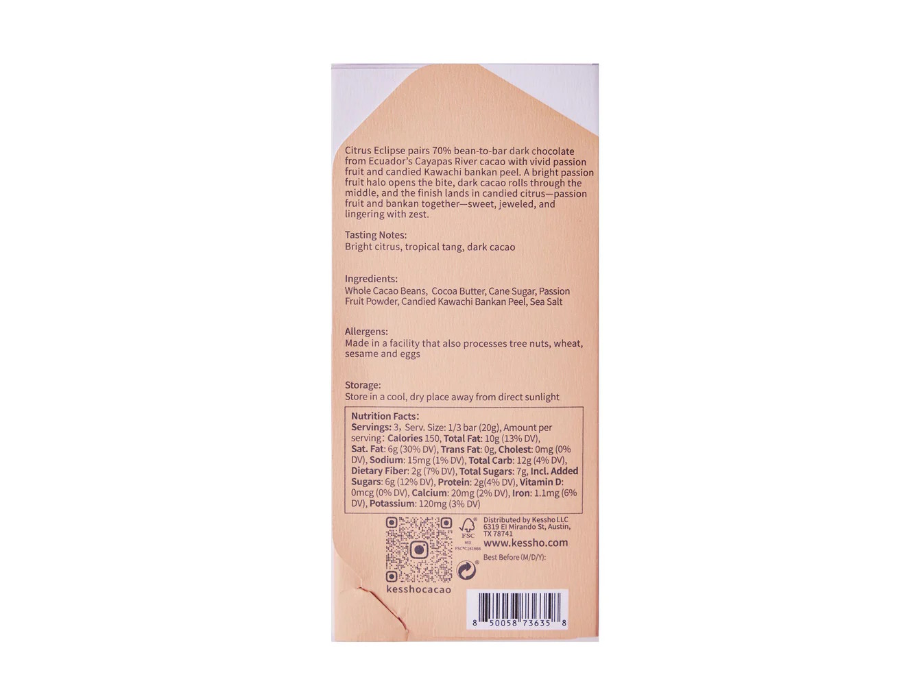 KESSHO Citrus Eclipse 56% Dark Chocolate Bar Back