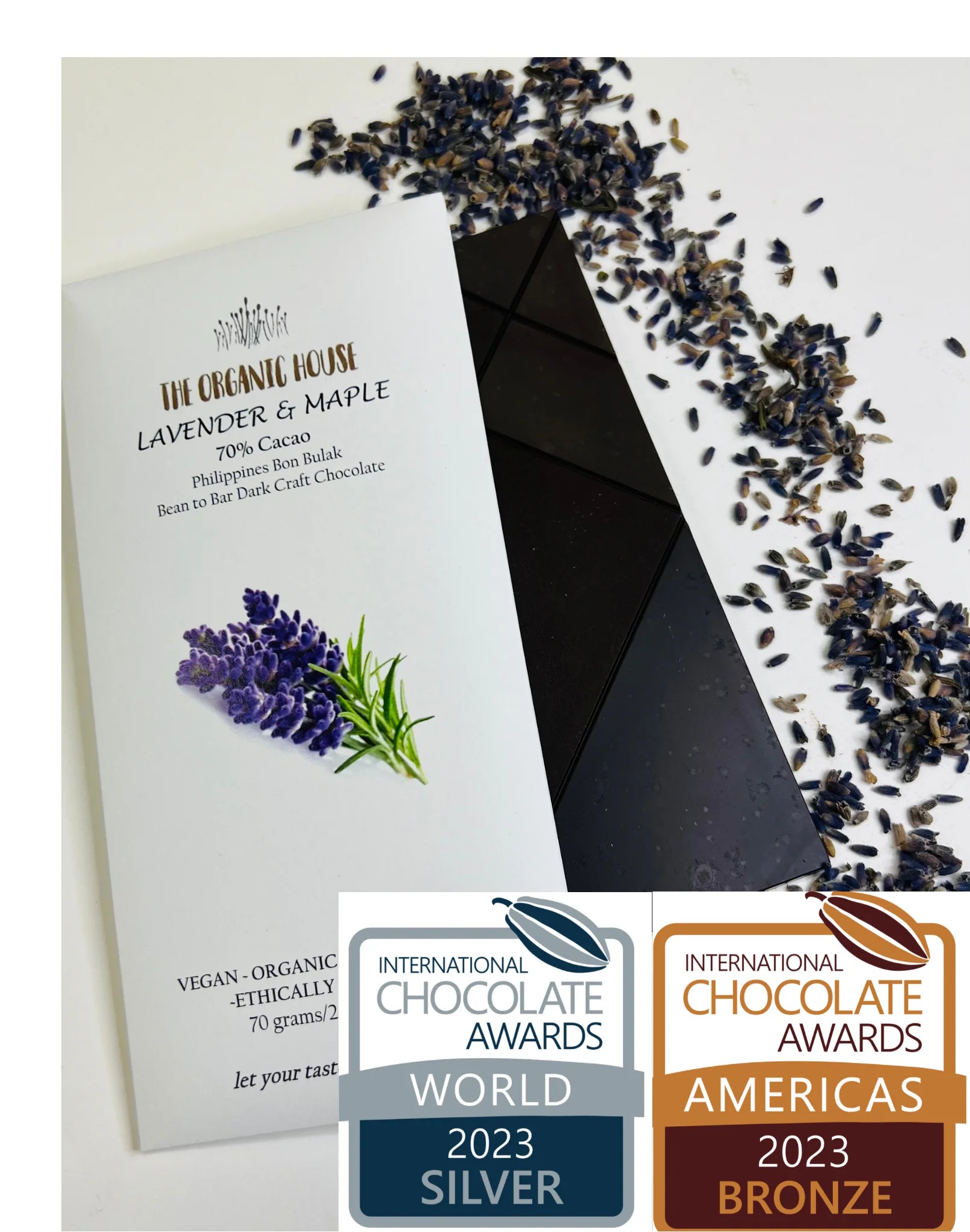 The Organic House Bon Bulak Philippines 70% Dark Chocolate Bar with Lavender & Maple Awards