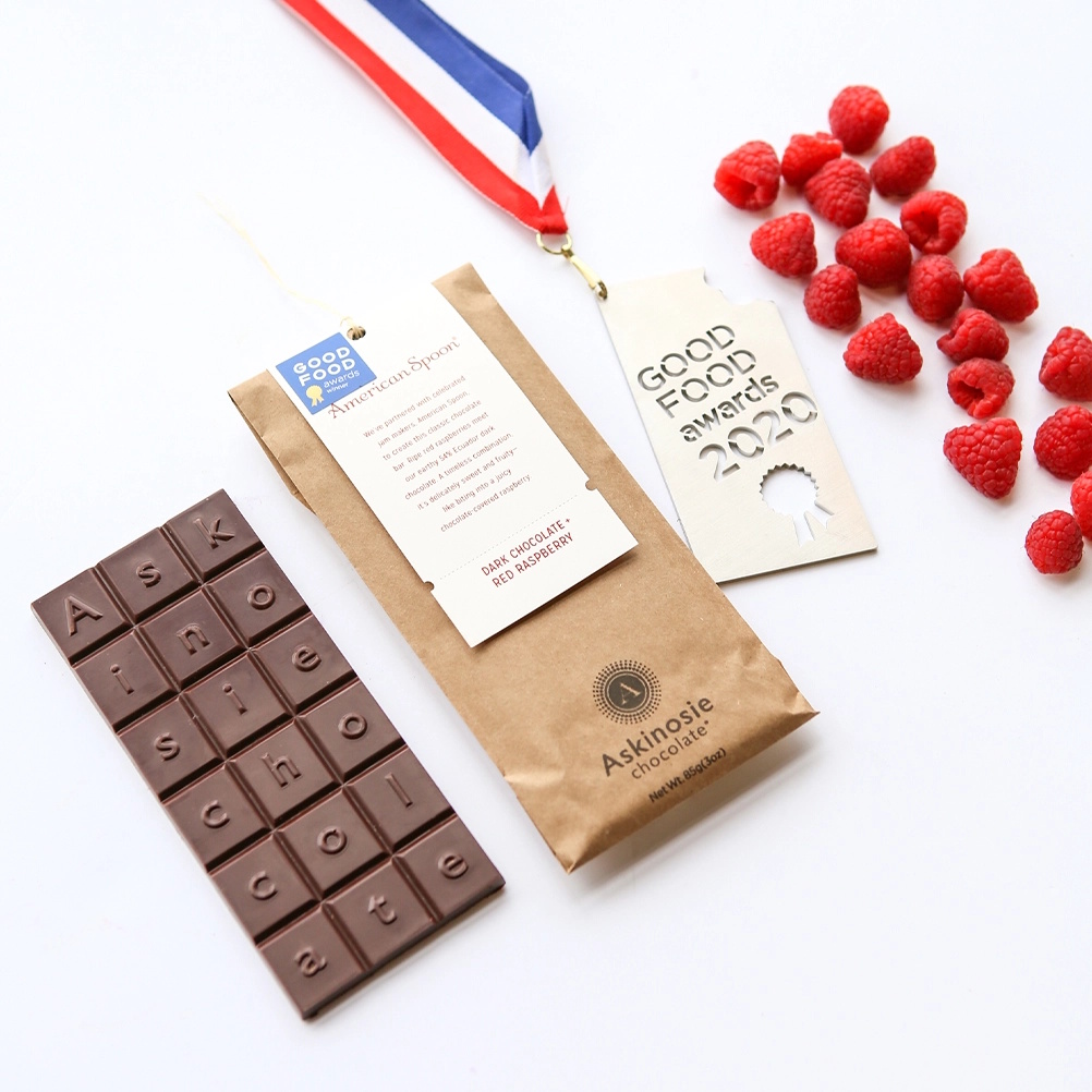 Askinosie Ecuador 54% Dark Chocolate Bar with Red Raspberry Open Lifestyle