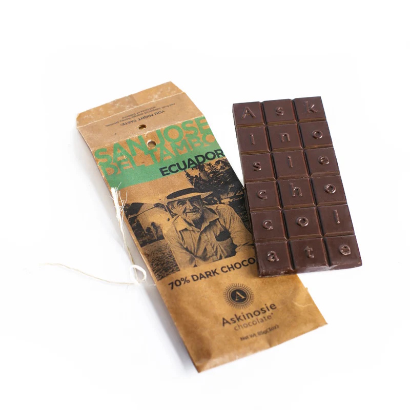 Askinosie San Jose Del Tambo Ecuador 70% Dark Chocolate Bar Open Lifetsyle
