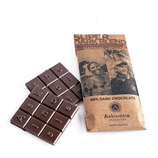 Askinosie Super Dark Blend 88% Dark Chocolate Bar Open Lifestyle 2