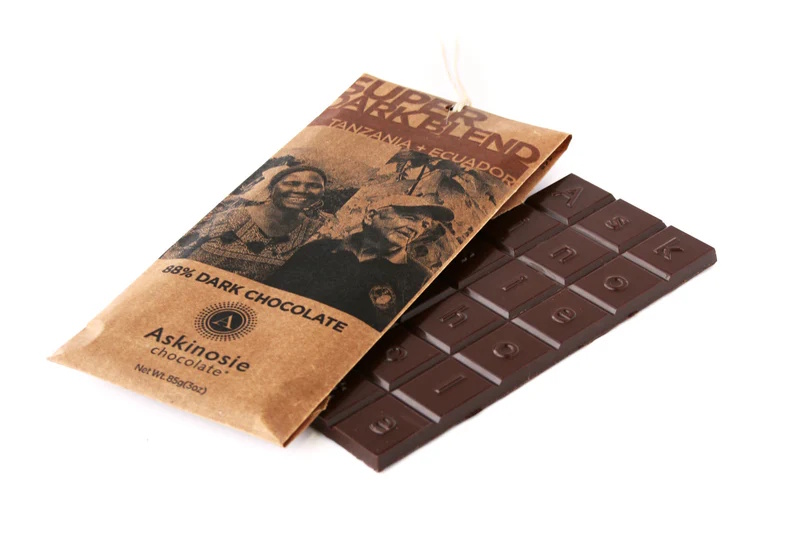 Askinosie Super Dark Blend 88% Dark Chocolate Bar Open Lifestyle