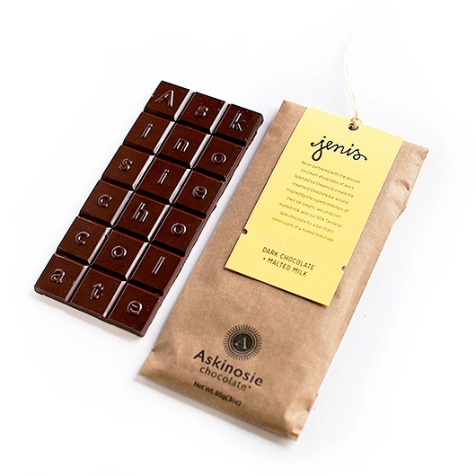 Askinosie Tanzania 60% Dark Chocolate Bar with Jeni's Malted Milk Open Lifestyle 2