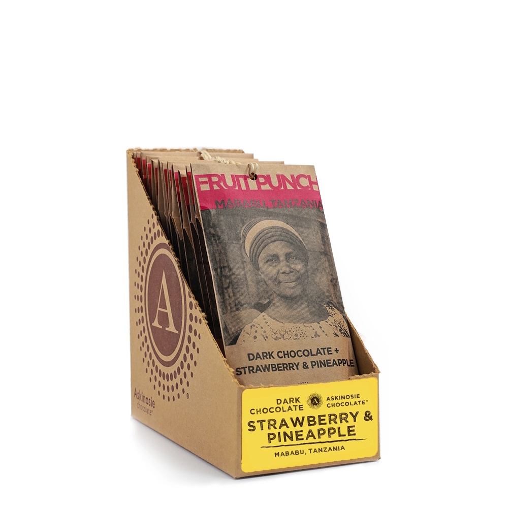 Askinosie Tanzania Fruit Punch 52% Dark Chocolate Bar with Strawberry & Pineapple Case