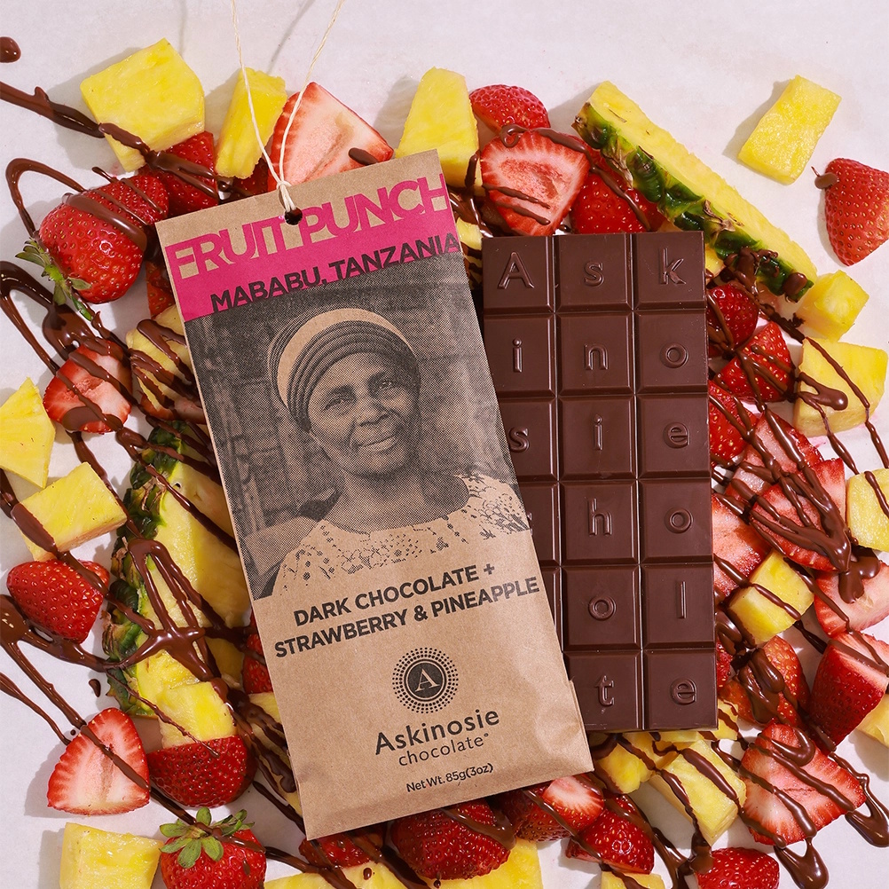 Askinosie Tanzania Fruit Punch 52% Dark Chocolate Bar with Strawberry & Pineapple Open Lifestyle