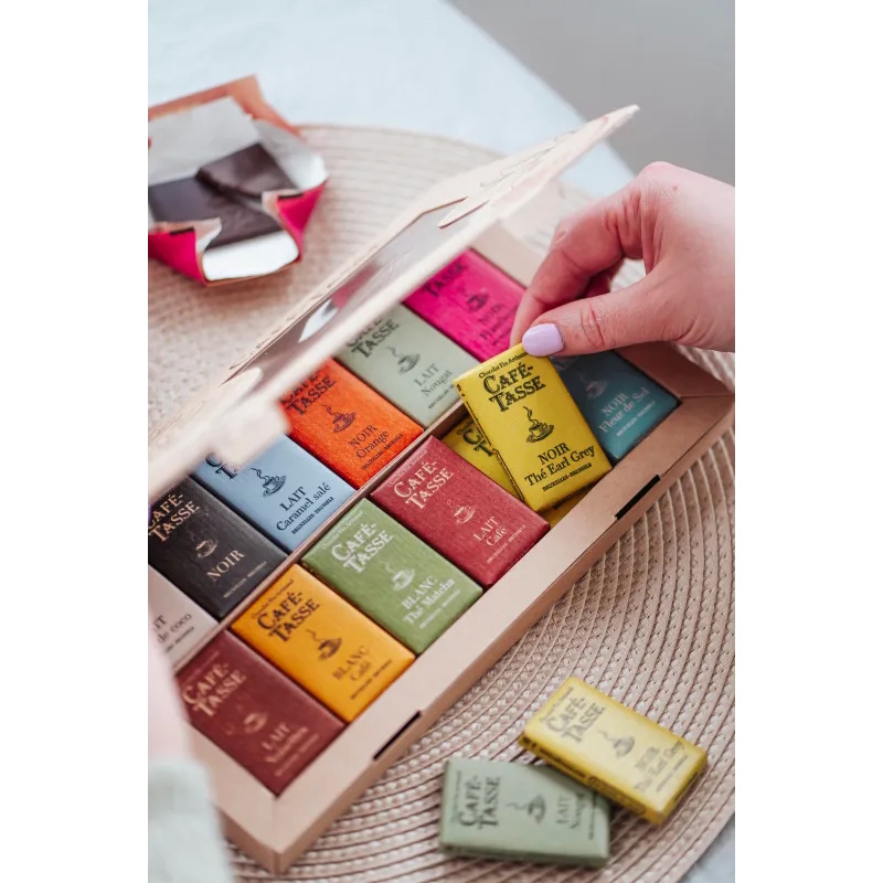 Cafe Tasse 24-Piece Assorted Mini Chocolate Bar Discovery Box Lifestyle 2