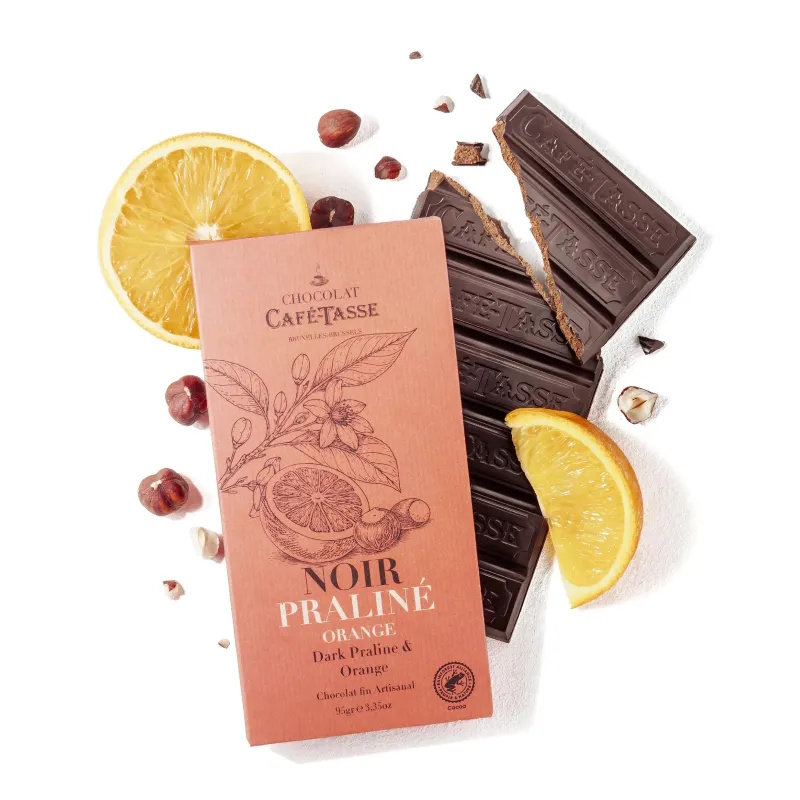 Cafe Tasse 60% Dark Chocolate Bar with Dark Praline & Orange Lifestyle